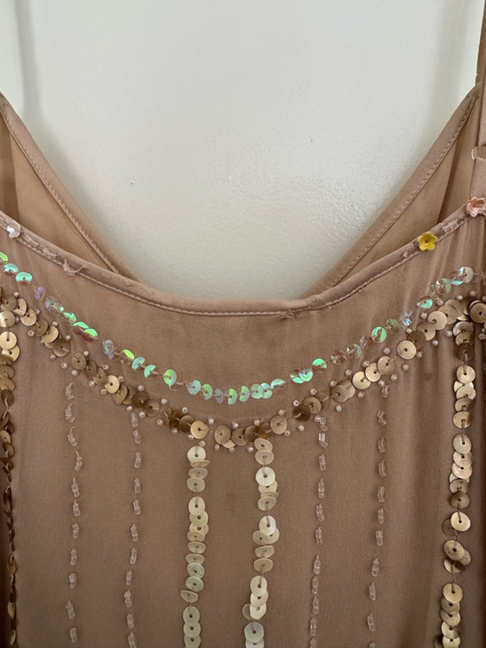 bebe Nude-Beige Sequin Drop Waist Asymmetrical 100% silk Slip Dress - Picture 6 of 6